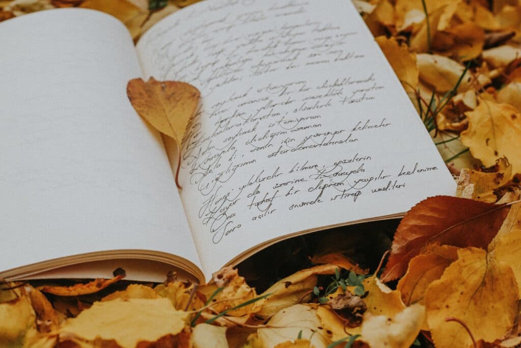 Poesía escrita en un cuaderno abierto sobre hojas secas en un entorno natural, simbolizando la creación literaria en México.