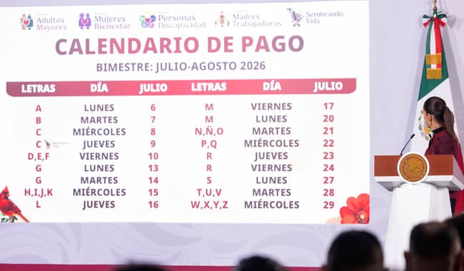 Calendario de pago para pensiones y programas sociales del bimestre julio-agosto 2026, presentado en conferencia de prensa en Palacio Nacional.