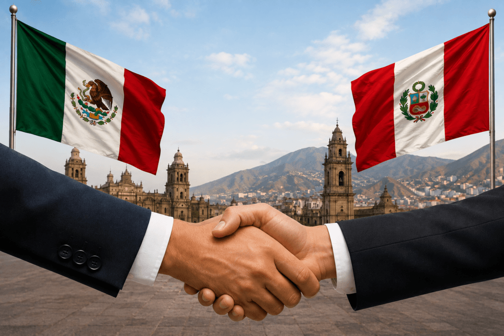 Dos manos se estrechan en señal de acuerdo, con las banderas de México y Perú ondeando al fondo, simbolizando la reanudación