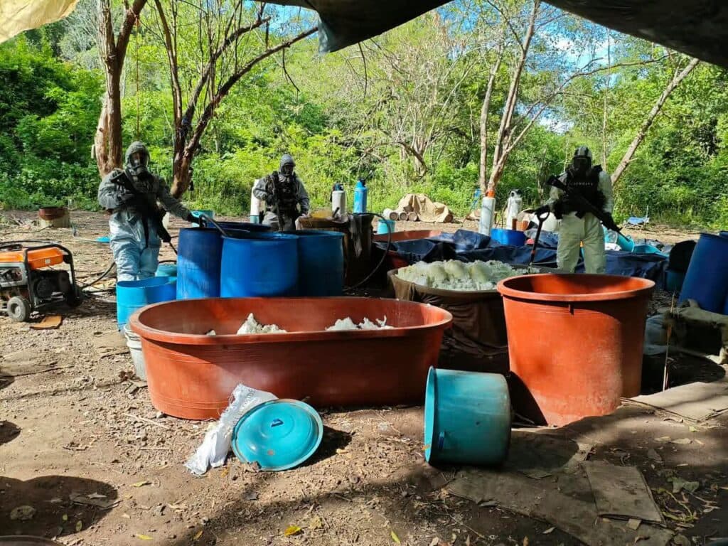 Autoridades federales y estatales en un laboratorio clandestino desmantelado en Michoacán, con barriles y equipos utilizados
