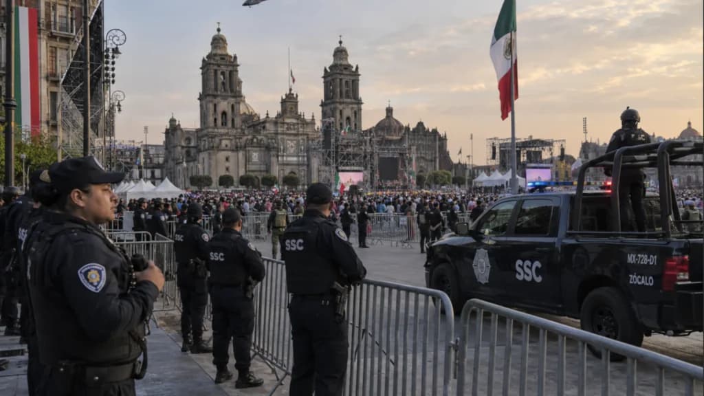 Policías de la SSC resguardan el Zócalo de la CDMX durante las celebraciones del Grito de Independencia, con público y patrullas en el fondo.