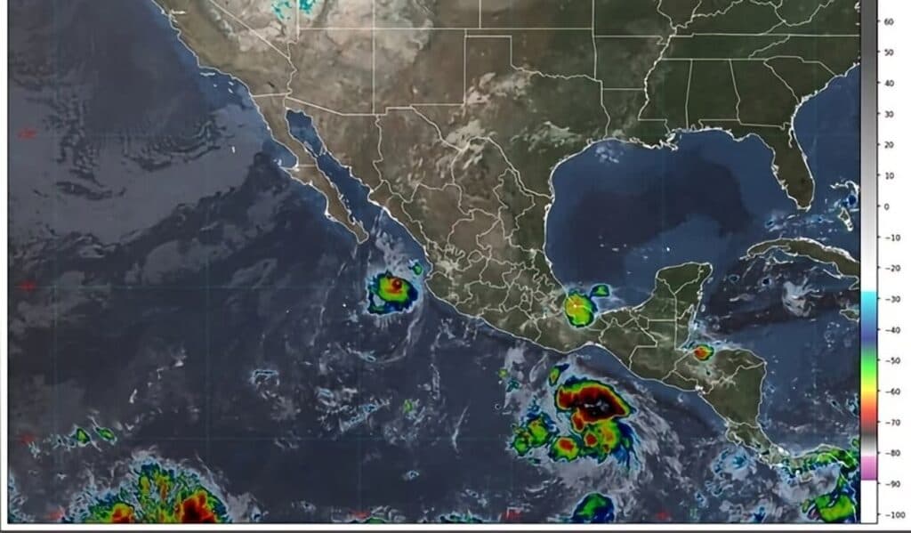 Mapa satelital del océano Pacífico mostrando la trayectoria de la tormenta tropical Trudy y otras formaciones meteorológicas