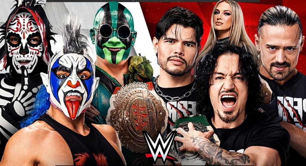 Luchadores de la lucha libre mexicana posan para promocionar el combate entre Los Perros del Mal y sus oponentes en WWE.