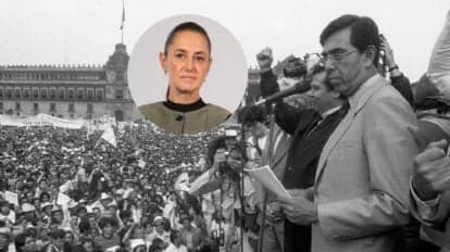Claudia Sheinbaum en un evento político, mientras se recuerda a Cuauhtémoc Cárdenas ante una multitud en el Zócalo de la Ciudad de México.
